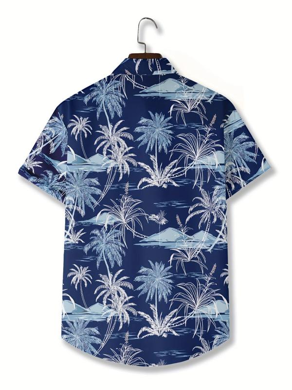 Men's Coconut Tree Print Button Front Shirt, Casual Regular Fit Short Sleeve Hawaiian Shirt for Summer, Men's Top for Beach Vacation