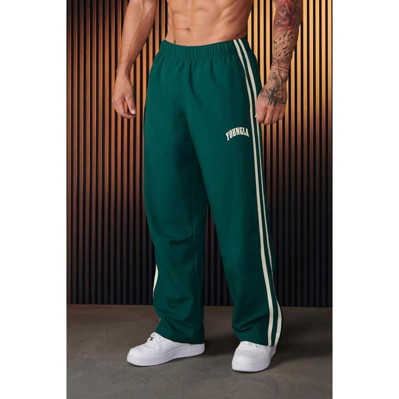 YOUNGLA men's sports pants double spliced printed casual pants gym exercise fitness waist straight pants