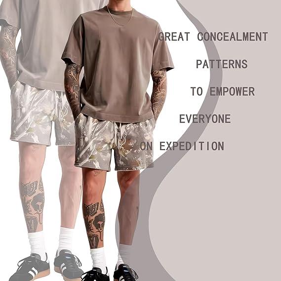 Camo SweatShorts Maple Leaf Print Shorts for Men and Women, Ideal for Fall Hunting Season, Drawstring Closure, Trendy Pants - Menswear, Fabric