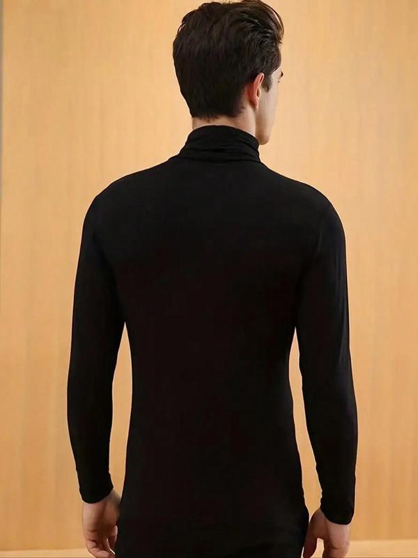 Men's Solid High Neck Long Sleeve Lounge Top, 2024 New Style Casual Comfy Warm Turtleneck Sleep Top for Fall & Winter, Men's Sleepwear for Indoor Wear