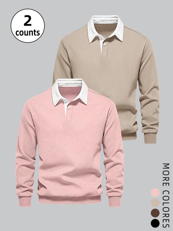 Unisex Men's Solid Long Sleeve Polo Shirt, Casual Regular Fit Button Front Collared Top for Fall & Winter, Men's Clothes for Daily Wear