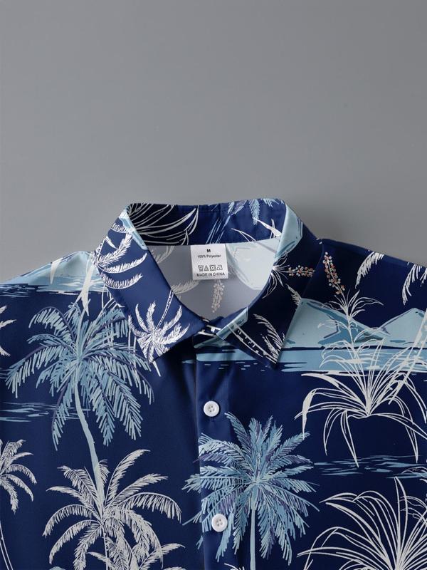 Men's Coconut Tree Print Button Front Shirt, Casual Regular Fit Short Sleeve Hawaiian Shirt for Summer, Men's Top for Beach Vacation