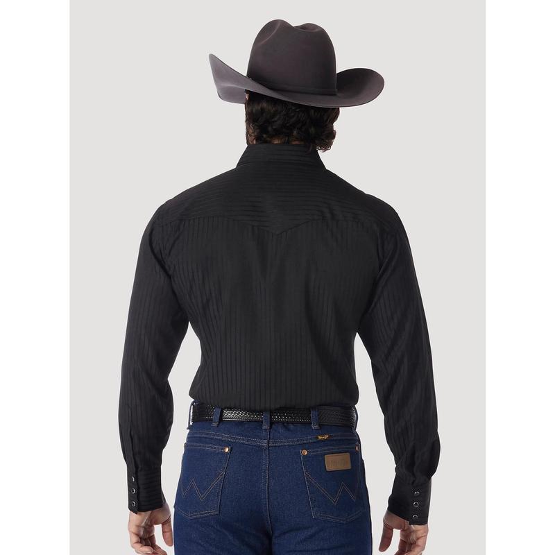 Wrangler Western Long Sleeve Snap Dobby Stripe Shirt- Black