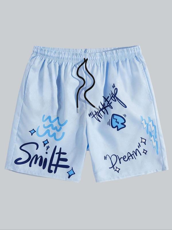 Men's Regular Fit Cartoon & Letter Print Drawstring Waist Track Shorts, Casual Pocket Summer Shorts, Men's Bottoms for Daily Wear