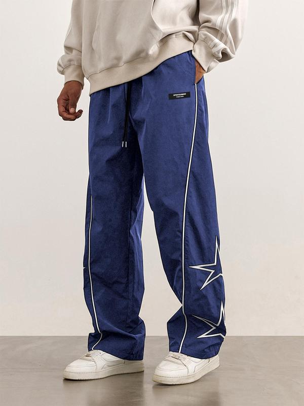 Men's Loose Star Print Drawstring Waist Wide Leg Pants, Casual Pocket Trousers for Daily Wear, Back To School Outfits, Pants for Men, Woven Bottoms for All Seasons