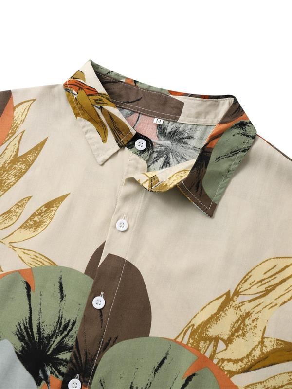 Men's Leaf Print Button Front Shirt, Regular Fit Boho Casual Short Sleeve Collar Shirt for Summer, Fashion Men's Top for Beach Vacation