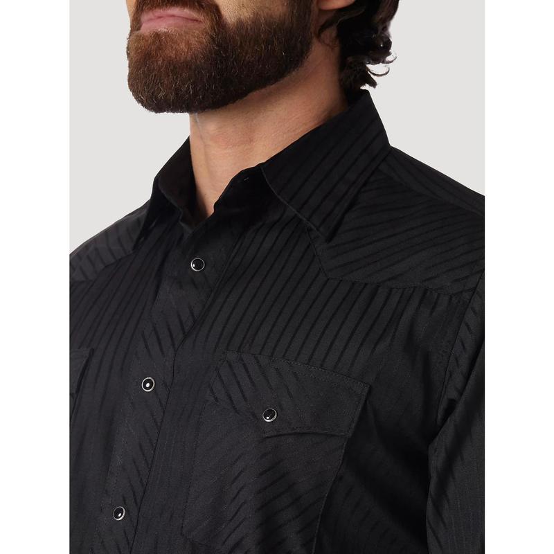 Wrangler Western Long Sleeve Snap Dobby Stripe Shirt- Black