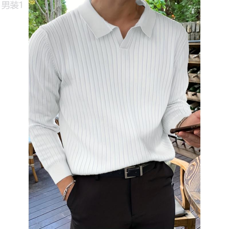 Chic Knit Shirt, Men's Casual Stylish Lapel Middle Stretch V-Neck Pullover Sweater For Winter Autumn Collar Fabric