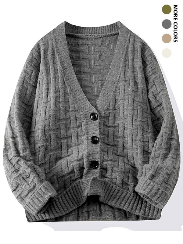 Men's Solid Textured Button Front V Neck Cable Knit Cardigan, Loose Casual Long Sleeve Cardigan for Fall & Winter, Men's Knitwear for Daily Wear, Winter Outfits 2024, Cardigan for Men