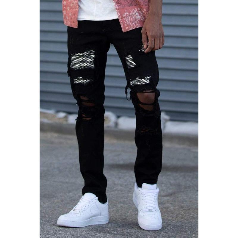 Men Cotton Long Denim Jeans Pants Distressed Skinny Slim Fit