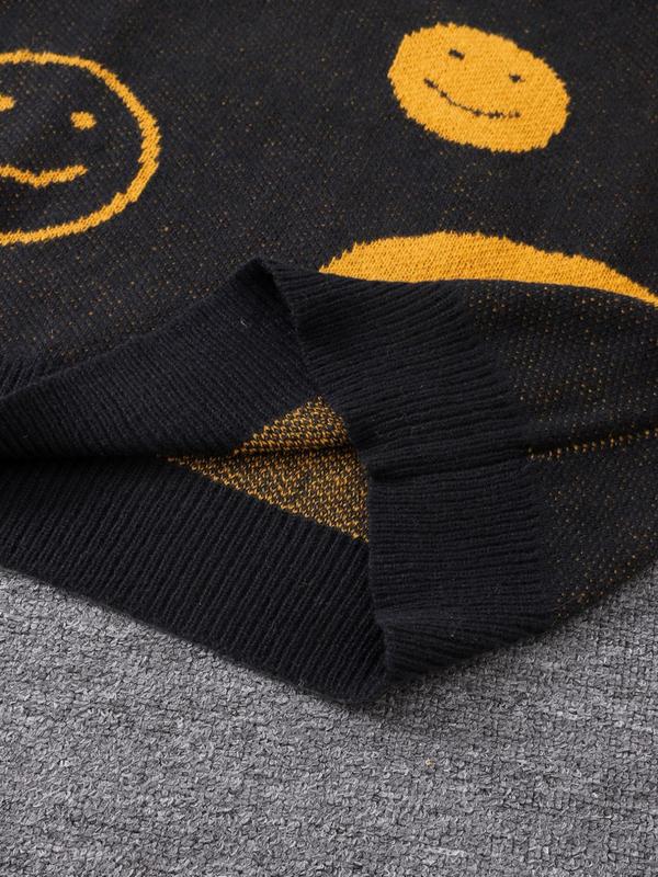 Men's Smile Face Jacquard Drop Shoulder Sweater, Regular Fit Casual Long Sleeve Round Neck Jumper for Fall & Winter, Fashion Men's Knitwear for Daily Wear