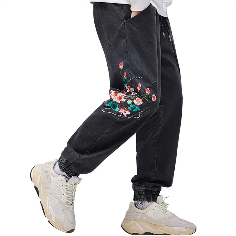 Niepce Streetwear Pants Stone Washed Grey Denim Jeans Joggers with Japanese Embroidery Lotus Flowers