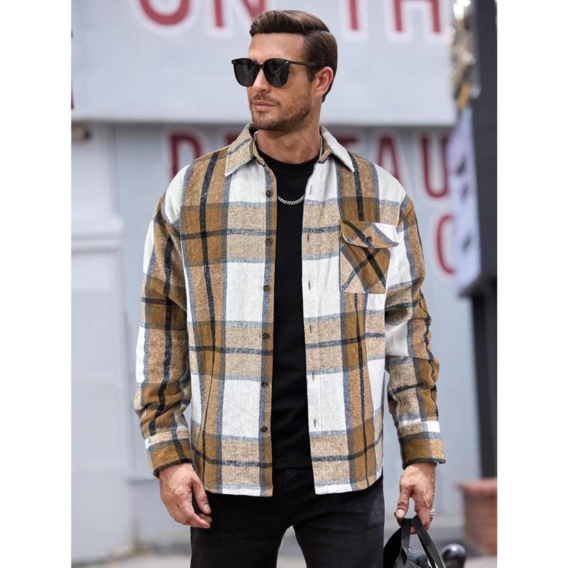 Mens Flannel Shirts Jackets Casual Shackets Button Down Long Sleeve Plaid Shirt Lightweight Jackets with Pockets