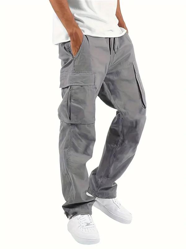 Men's Solid Flap Pocket Drawstring Waist Cargo Pants, Regular Fit Casual Street Elastic Waist Trousers for Daily Wear, Men's Bottoms for All Seasons