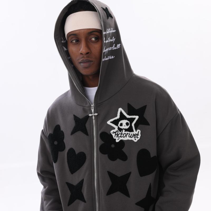 Menswear Star Pattern Print Full Face Zip Sweatshirt Harajuku Zip to Top Hoodie Sweatshirt Jacket Sweaters Pullover Long Sleeve Casual Longsleeves