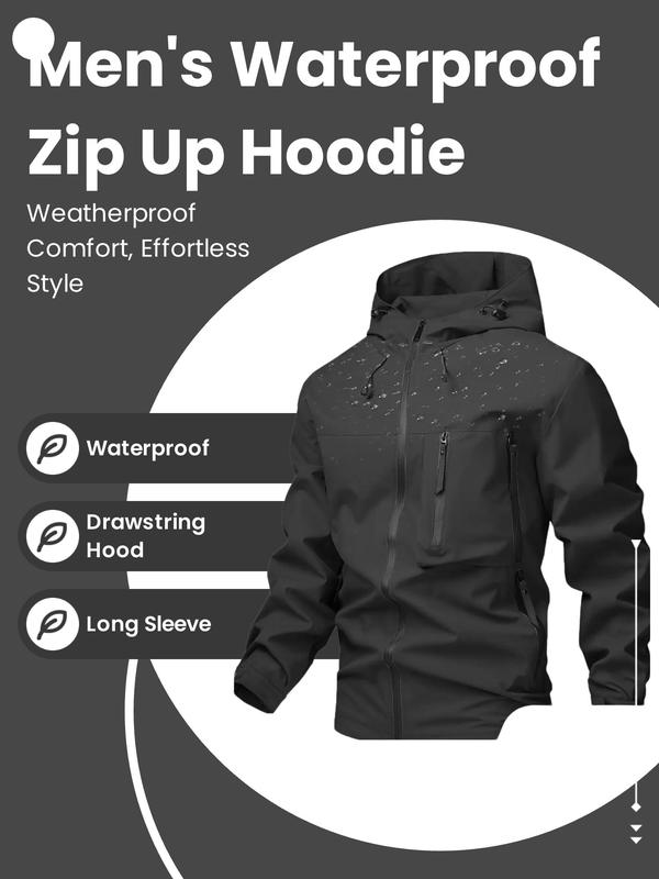 Men's Solid Color Drawstring Zip Up Hooded Waterproof Jacket, Regular Fit Casual Comfy Long Sleeve Outerwear for Fall & Winter, Men's Clothes for Daily Wear