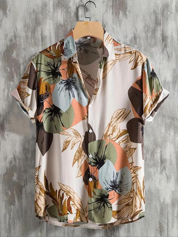 Men's Leaf Print Button Front Shirt, Regular Fit Boho Casual Short Sleeve Collar Shirt for Summer, Fashion Men's Top for Beach Vacation