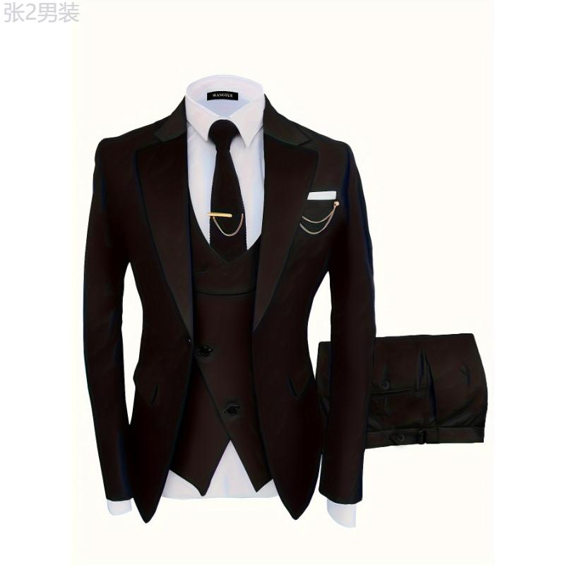 Formal 3 Pieces Set, Men's One Button Suit Jacket & Vest & Pants Suit Set For Business Dinner Wedding Party Menswear Polyester