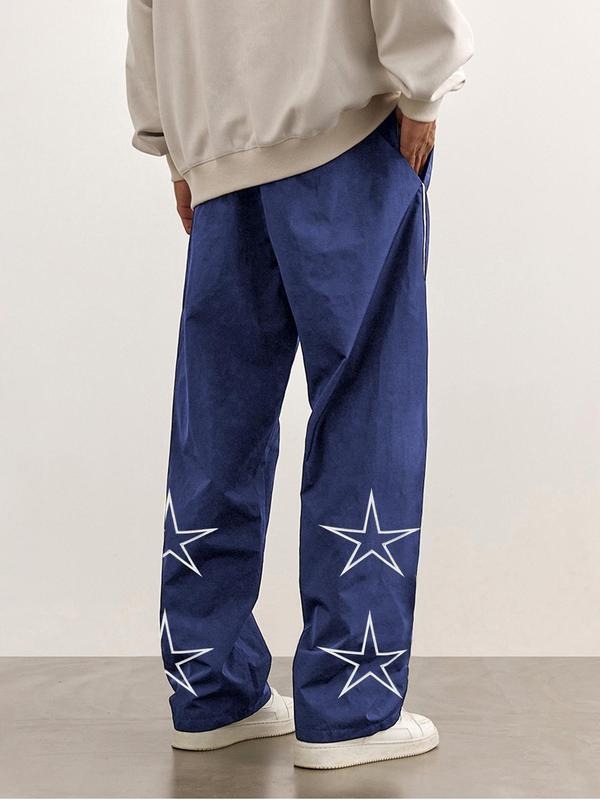 Men's Loose Star Print Drawstring Waist Wide Leg Pants, Casual Pocket Trousers for Daily Wear, Back To School Outfits, Pants for Men, Woven Bottoms for All Seasons