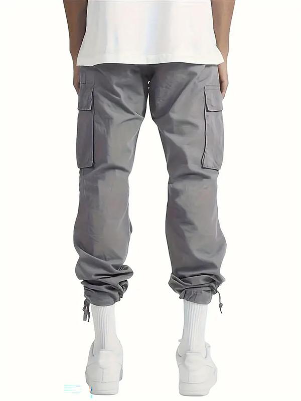 Men's Solid Flap Pocket Drawstring Waist Cargo Pants, Regular Fit Casual Street Elastic Waist Trousers for Daily Wear, Men's Bottoms for All Seasons