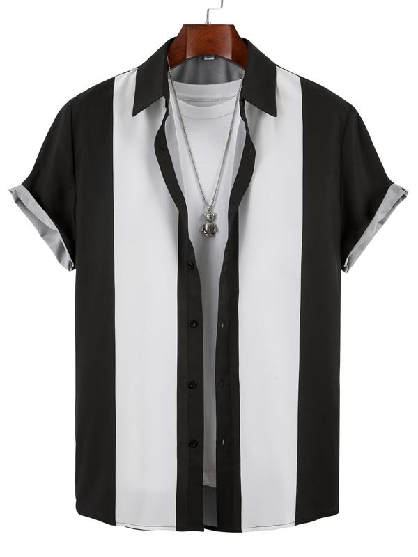 Men's Stripe Print Button Front Shirt, Regular Fit Casual Short Sleeve Collared Top for Summer, Summer Clothes, Men's Clothes for Beach Vacation Holiday Daily Wear