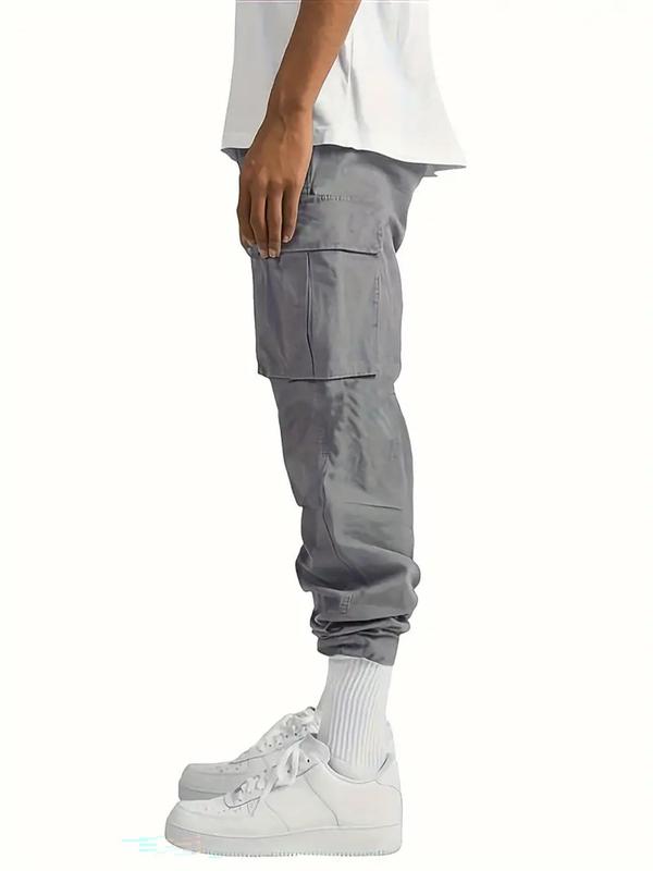 Men's Solid Flap Pocket Drawstring Waist Cargo Pants, Regular Fit Casual Street Elastic Waist Trousers for Daily Wear, Men's Bottoms for All Seasons