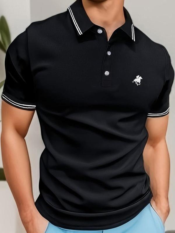 New Business Leisure Embroidered Lapel Polo Shirt, Summer Clothes Horse & Eagle & Deer Animal Embroidered T-shirt, Striped Print Drop Shoulder Short Sleeve Top for Men, Polo Shirts Men, Business Comfy Breathable Knitting Top for Summer Back To School