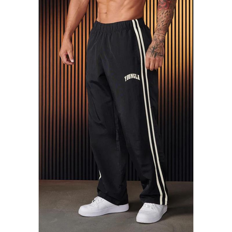 YOUNGLA men's sports pants double spliced printed casual pants gym exercise fitness waist straight pants