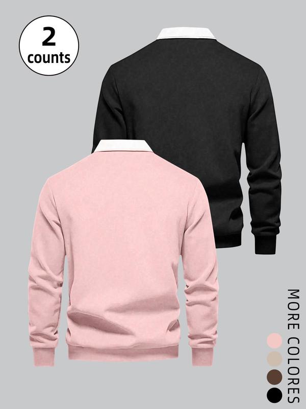 Unisex Men's Solid Long Sleeve Polo Shirt, Casual Regular Fit Button Front Collared Top for Fall & Winter, Men's Clothes for Daily Wear