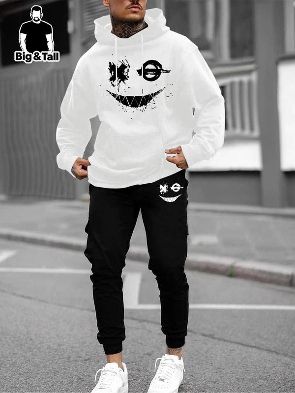  Two-Piece Set Cartoon Face Print Hoodie & Drawstring Waist Sweatpants Set, Regular Fit Casual Long Sleeve Thermal Lined Sweatshirt & Pocket Jogger Pants, Men's Two-piece Outfits for Fall & Winter