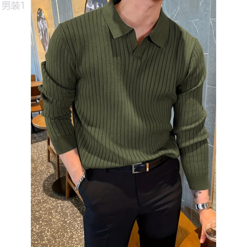 Chic Knit Shirt, Men's Casual Stylish Lapel Middle Stretch V-Neck Pullover Sweater For Winter Autumn Collar Fabric