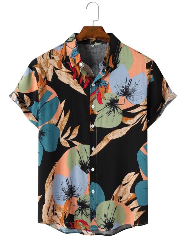 Men's Leaf Print Button Front Shirt, Regular Fit Boho Casual Short Sleeve Collar Shirt for Summer, Fashion Men's Top for Beach Vacation