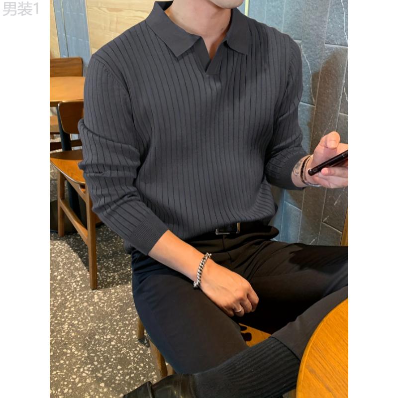 Chic Knit Shirt, Men's Casual Stylish Lapel Middle Stretch V-Neck Pullover Sweater For Winter Autumn Collar Fabric