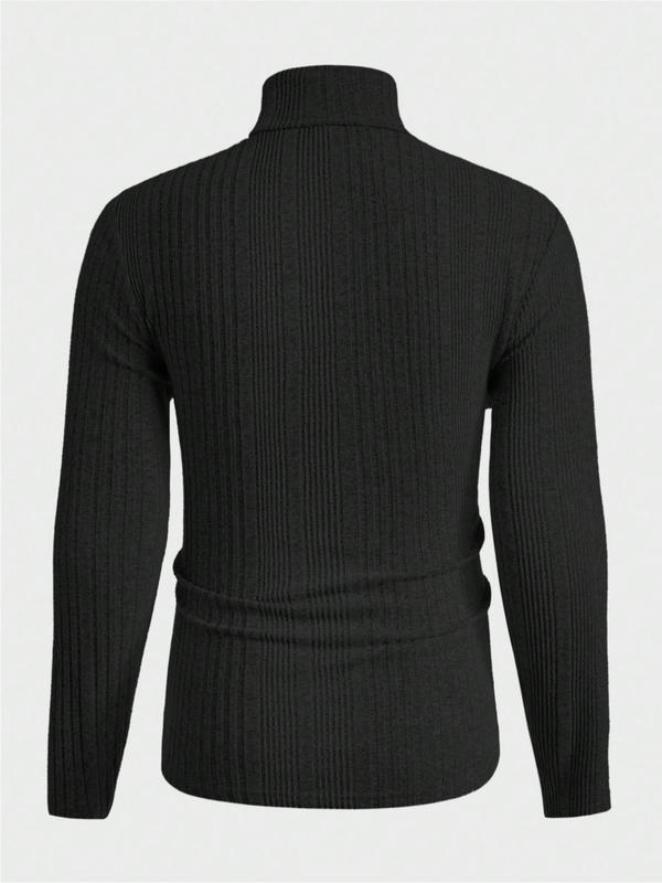 Men's Solid Turtle Neck Ribbed Knit Top, Regular Fit Casual Long Sleeve Jumper for Fall & Winter, Men's Knitwear for Daily Wear