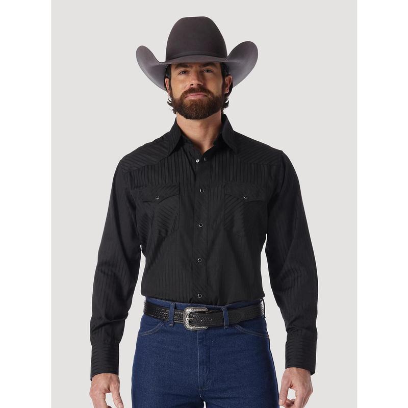 Wrangler Western Long Sleeve Snap Dobby Stripe Shirt- Black