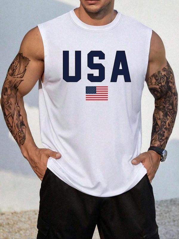 Men's Letter & Flag Print Round Neck Tank Top, Regular Fit Casual Sleeveless Crew Neck Top for Summer, Fashion Men's Clothes for Daily Wear