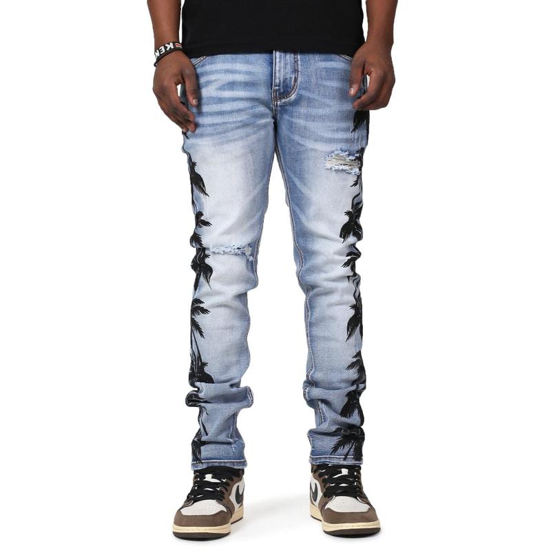 Men Cotton Long Denim Jeans Pants Distressed Skinny Slim Fit