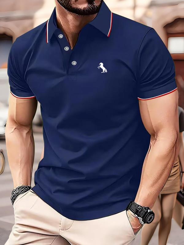 Men's Horse Print Polo Shirt, Casual Regular Fit Short Sleeve Half Button Front Top for Summer, Fashion Men's Clothes for Outdoor Wear