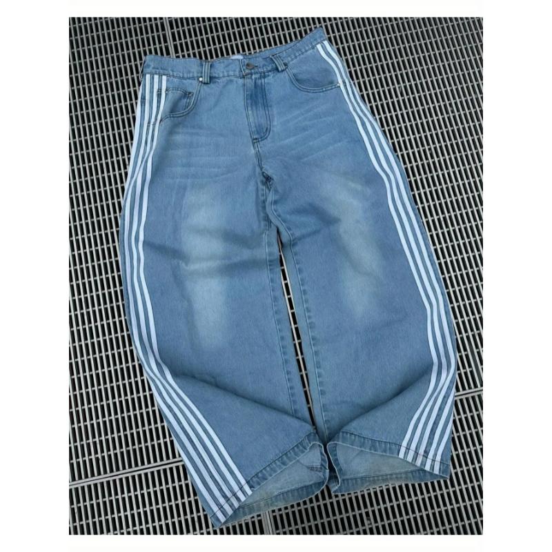 Men's High Waisted Distressed Stripe Baggy Jeans - Classic Korean Fashion Straight Pants with Simple Design, Casual Style, Y2k Inspired, Blue Color, Straight Leg Cut