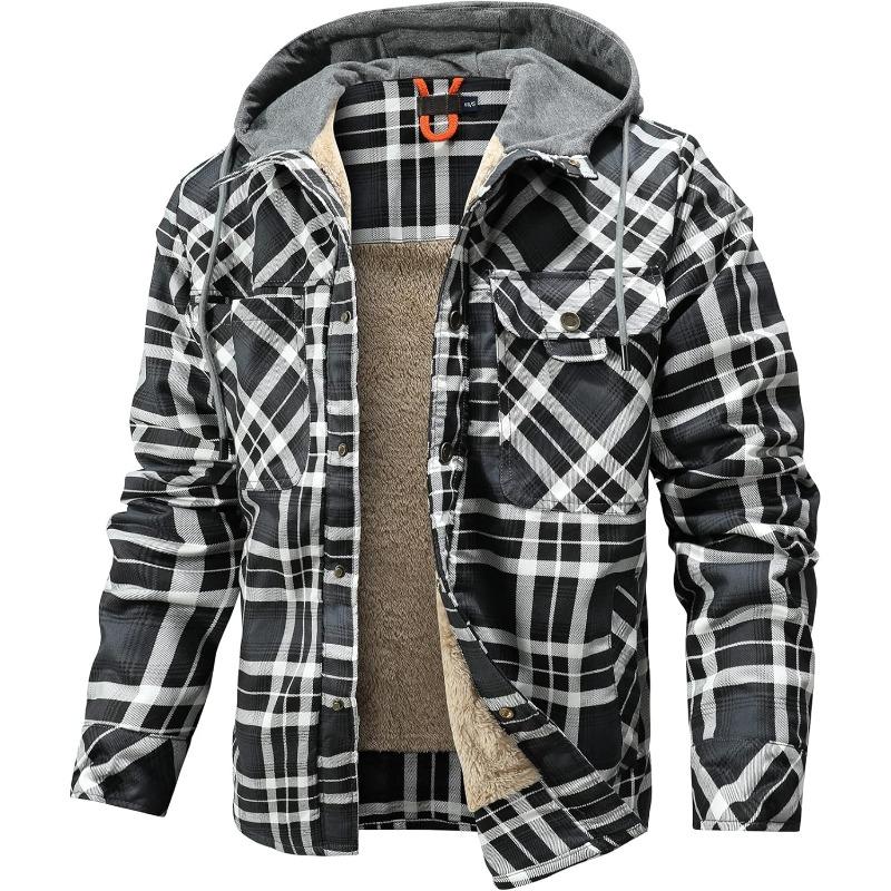 Men's Hooded Coat Casual Thicken Plaid Work Flannel Snap Sherpa Lined Fleece Shirt Jacket Menswear Evening Outdoor Pockets Top Warmer Long Sleeve