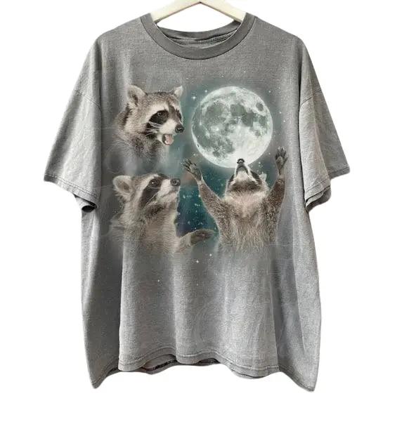 Three Raccoons Vintage Graphic T-shirts, Retro Raccoon Moon Tshirt, Raccoon Lovers, Funny Raccon Tee, Oversized Washed Tee, Raccoon Gifts Menswear Top