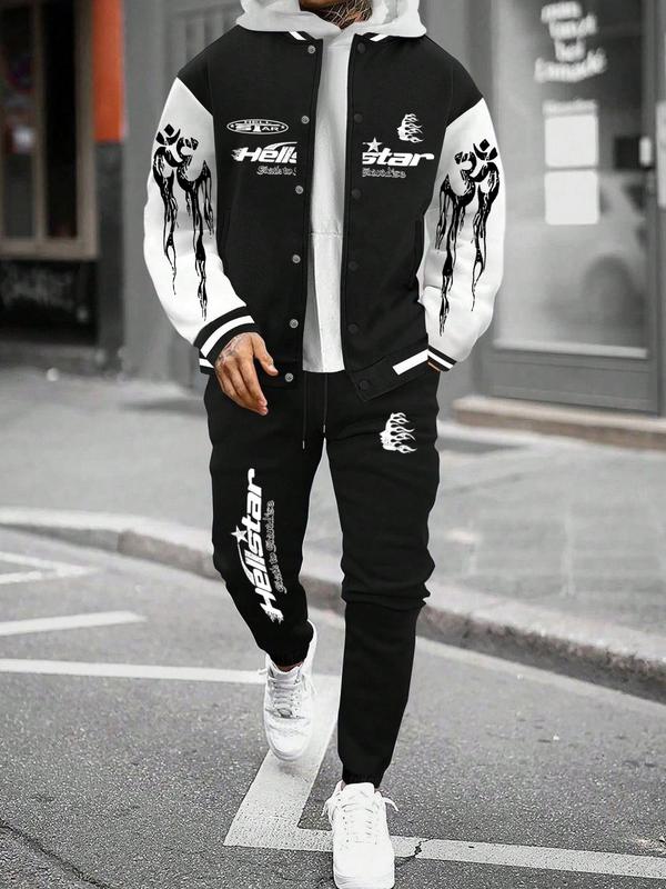 Two-piece Set Men's Colorblock Letter Graphic Drop Shoulder Varsity Jacket & Pocket Sweatpants, Street Fashion Casual Loose Fit Mock Neck Button Front Outerwear & Drawstring Waist Jogger Pants for Daily Wear, Men's Two-piece Outfits for Fall & Winter