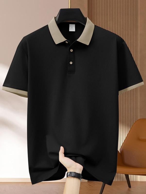 Men's Regular Fit Contrast Binding Short Sleeve Polo Shirt, Casual Button Front Collared Top for Summer, Fashion Men's Clothes for Daily Wear