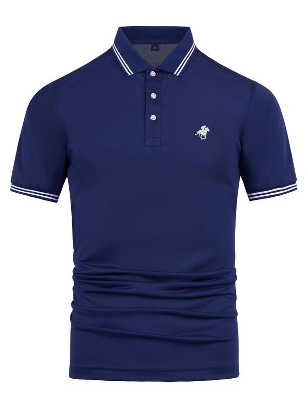 New Business Leisure Embroidered Lapel Polo Shirt, Summer Clothes Horse & Eagle & Deer Animal Embroidered T-shirt, Striped Print Drop Shoulder Short Sleeve Top for Men, Polo Shirts Men, Business Comfy Breathable Knitting Top for Summer Back To School