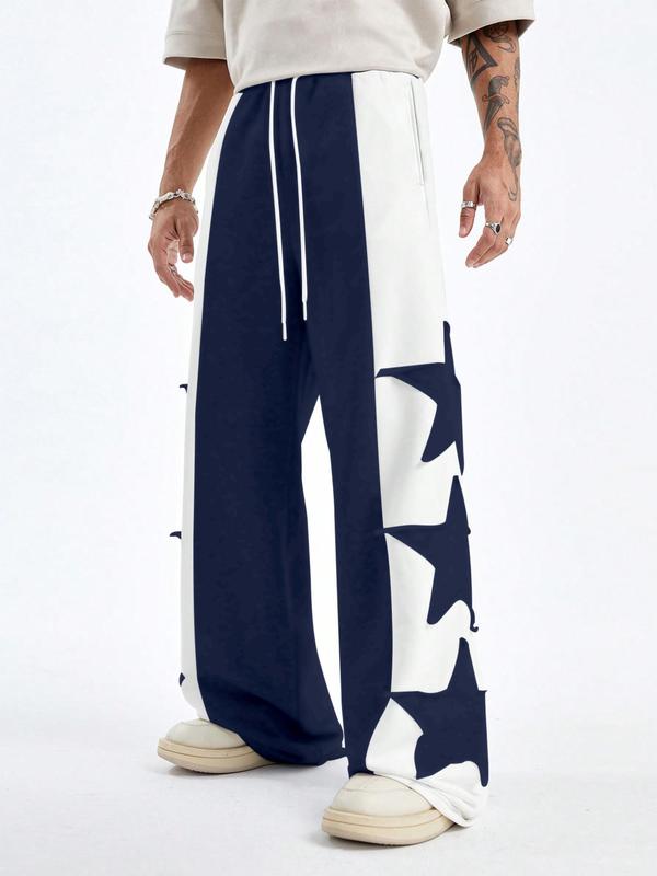 Men's Colorblock Star Pattern  Drawstring Waist Pocket Wide Leg Pants, Casual Comfy Elastic Waist Trousers for Daily Wear, Fashion Men's Bottoms for All Seasons