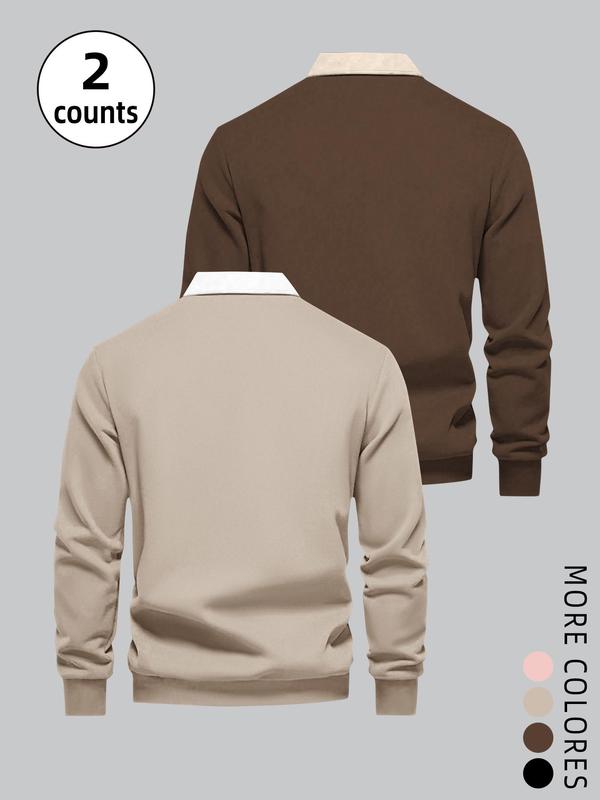 Unisex Men's Solid Long Sleeve Polo Shirt, Casual Regular Fit Button Front Collared Top for Fall & Winter, Men's Clothes for Daily Wear