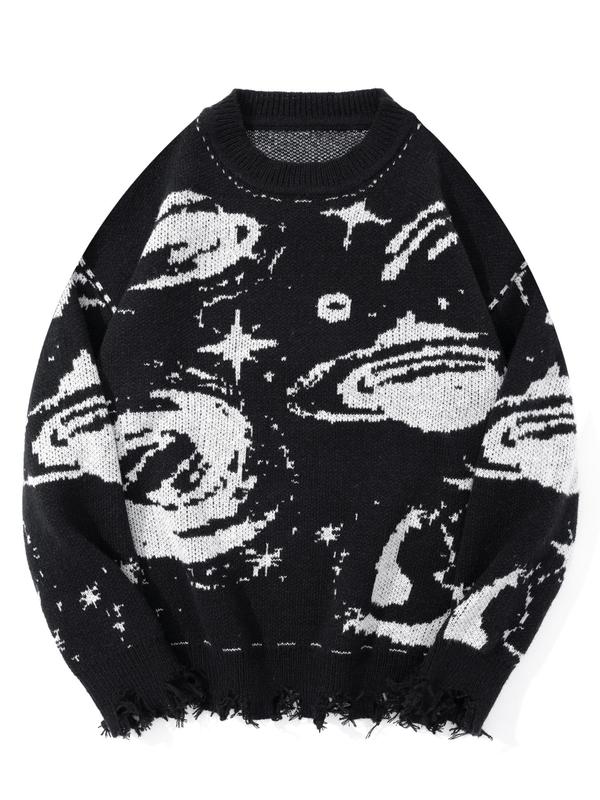 Men's Planet Pattern Drop Shoulder Sweater Pullover, Casual Long Sleeve Round Neck Jumper for Fall & Winter, Fashion Men's Knitwear for Daily Wear