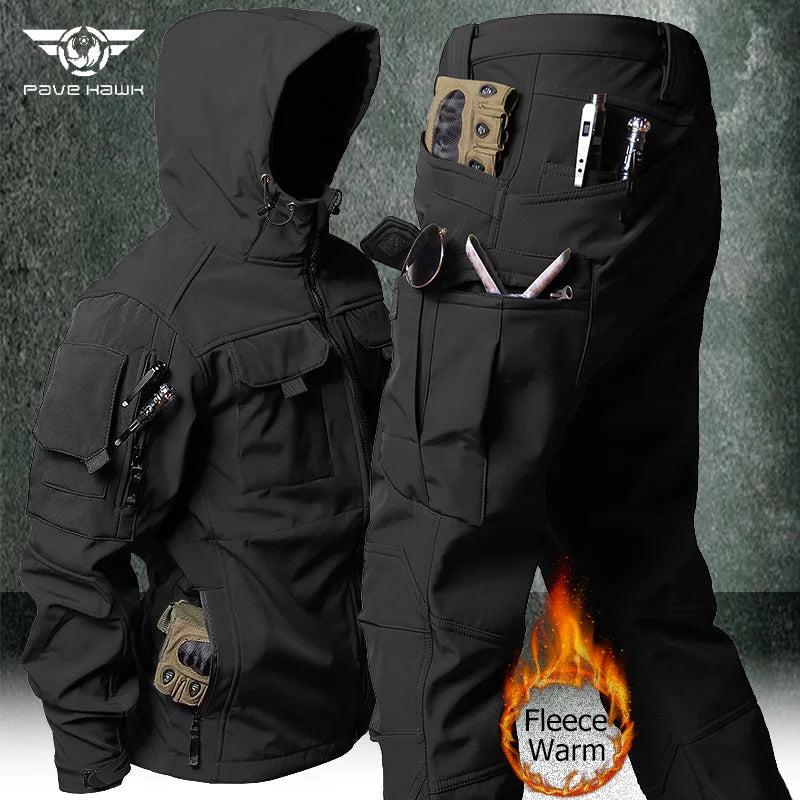 Men's Military-Inspired Tactical Jacket and Waterproof Cargo Pants Set for Outdoor Activities