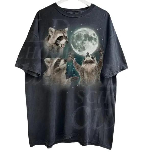 Three Raccoons Vintage Graphic T-shirts, Retro Raccoon Moon Tshirt, Raccoon Lovers, Funny Raccon Tee, Oversized Washed Tee, Raccoon Gifts Menswear Top