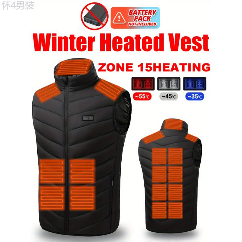 Men's 15 Heating Areas Smart Electric Heated Vest, Washable USB Rechargeable Constant Temperature Outdoor Vest For Winter (Battery Bank Not Included) Fabric Menswear Collar Polyester Sleeve Tops Zipper Beige Casual Hoodie